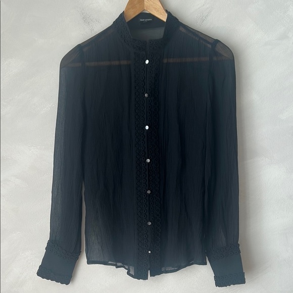 Club Monaco sheer silk blouse mandarin collar embroidered button up size small - Picture 1 of 9
